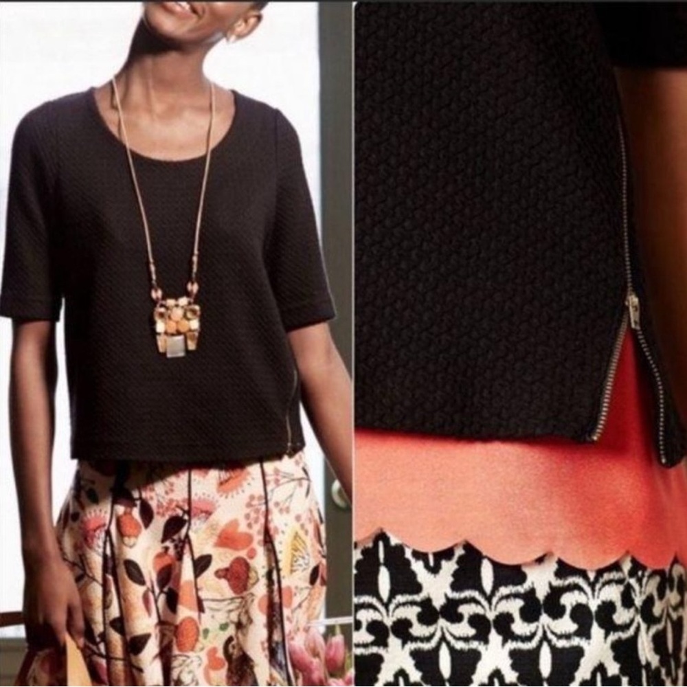 Anthropologie Black Textured Top with Coral Accent
